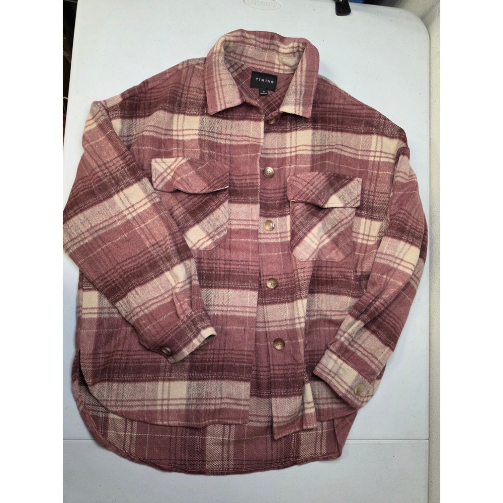 Timing Womens Plaid Shacket Oversized Wool Blend Button Front Flannel M